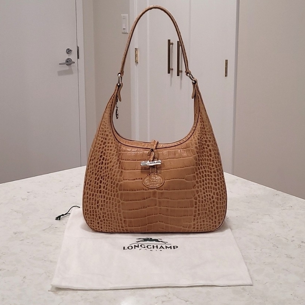 RARE LONGCHAMP ROSEAU EMBOSSED CROCODILE LEATHER SHOULDER BAG in Camel